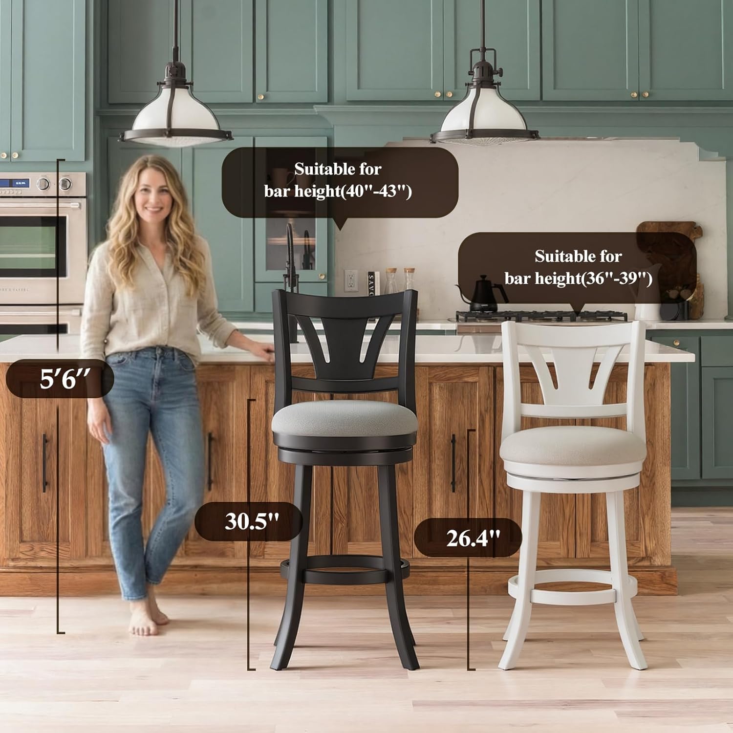 MALOL Swivel Bar Stools Set of 4, 26 Inch Counter Height Barstool with Silent Rotation, High-Density Foam Cushion, Solid Wood Frame, Footrest & Anti-Slip Pads for Kitchen Islands and Home Bars (White)