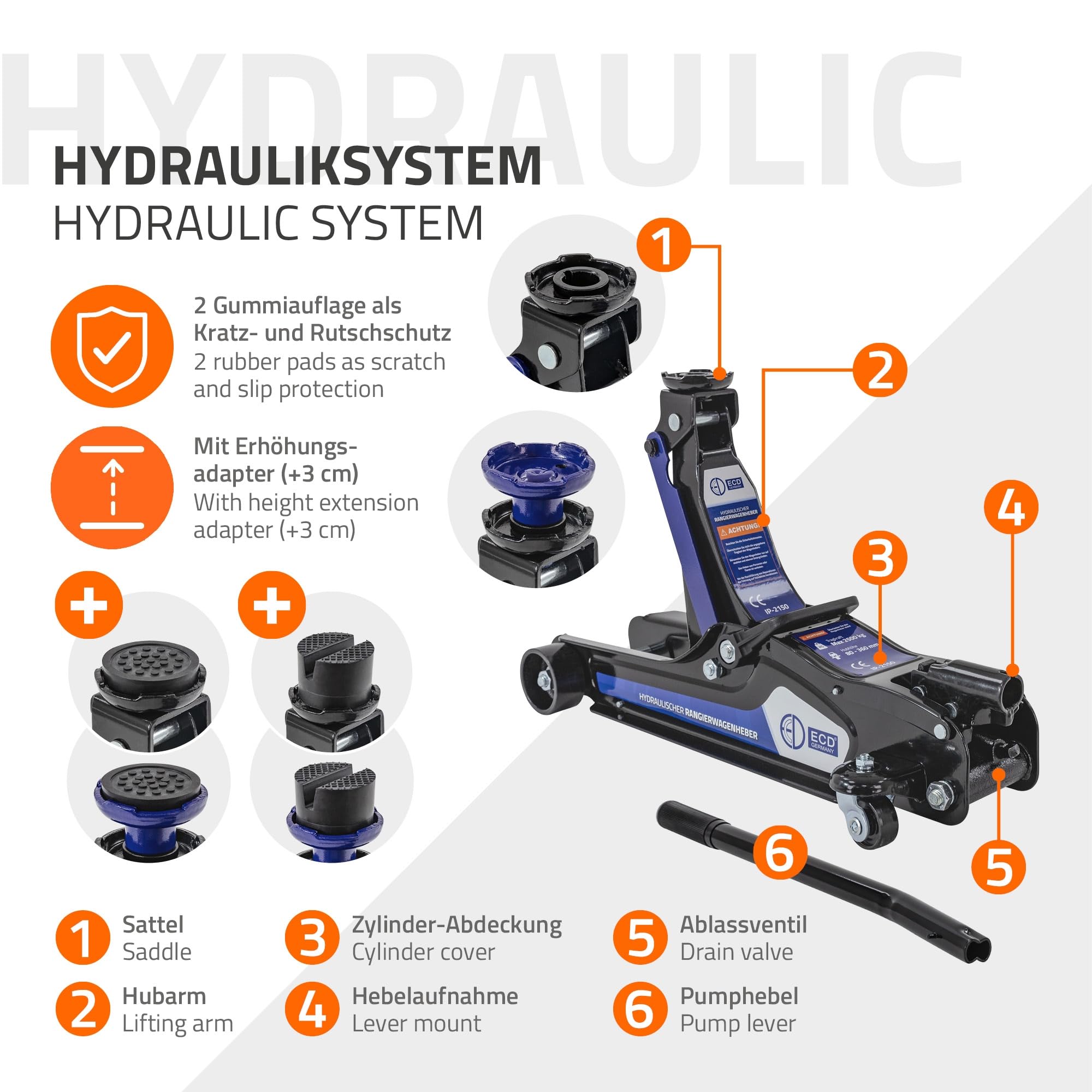 ECD Germany Gato Hirdráulico de Coche 2,5T, Altura de Elevación 80-360 mm, 2X Almohadilla de Goma + 1x Adaptador SUV, Levantador Negro con Rodillo 360° Ergónomico, Fácil de Usar
