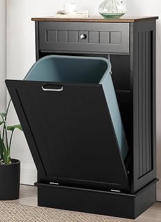KIGOTY Tilt Out Trash Cabinet,Wooden Kitchen Trash Bin Holder Garbage Bin Recycling Cabinet Laundry Hamper with Solid Wood Countertop and Hideaway Drawer (Black)