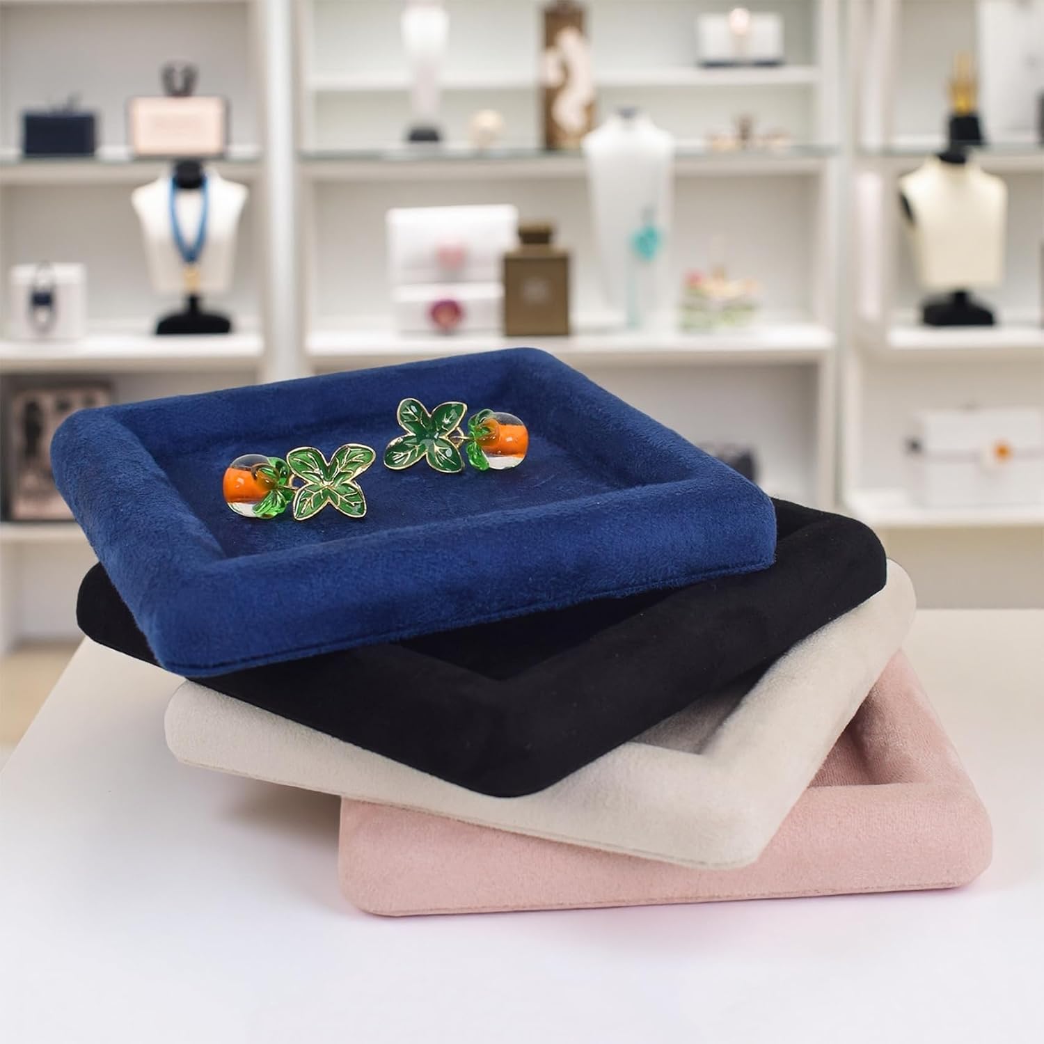 Black Velvet Jewelry Display Tray, Luxury Velvet Ring Holder Showcase for Necklaces Earrings, Jewelry Store Display and Ecommerce Photography Prop, 4.72x4.72 Inches (Black)