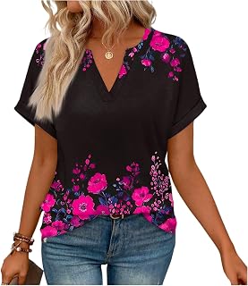 Womens Short Sleeve Tops Summer Trendy Blouses Loose Fit V-Neck Tunics Top Casual Tees Printed Dressy Outfit Tshirts