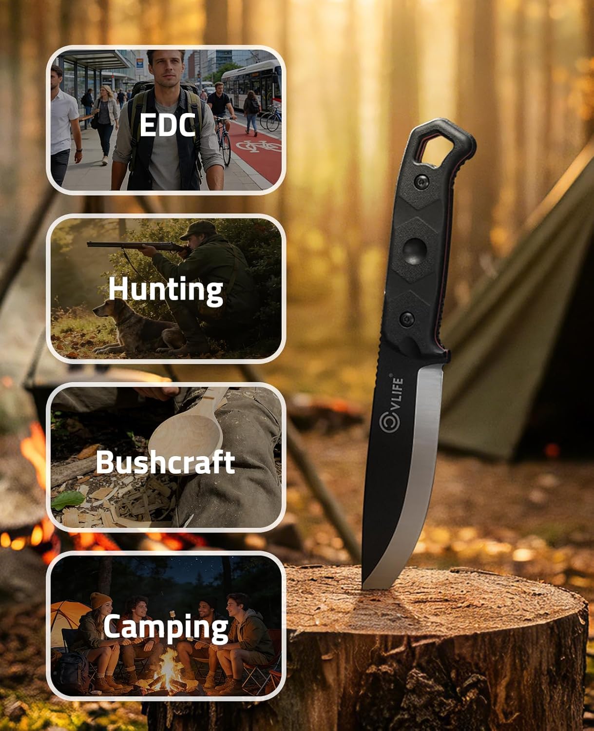 CVLIFE Full Tang Fixed Blade Knife with Sheath, Sharp 5.1'' D2 Steel Survival Knives with Ergonomic Non-Slip Handle & Multi-Angle Clip, EDC Camping Hunting Bushcraft Knives Outdoor Tools, Black
