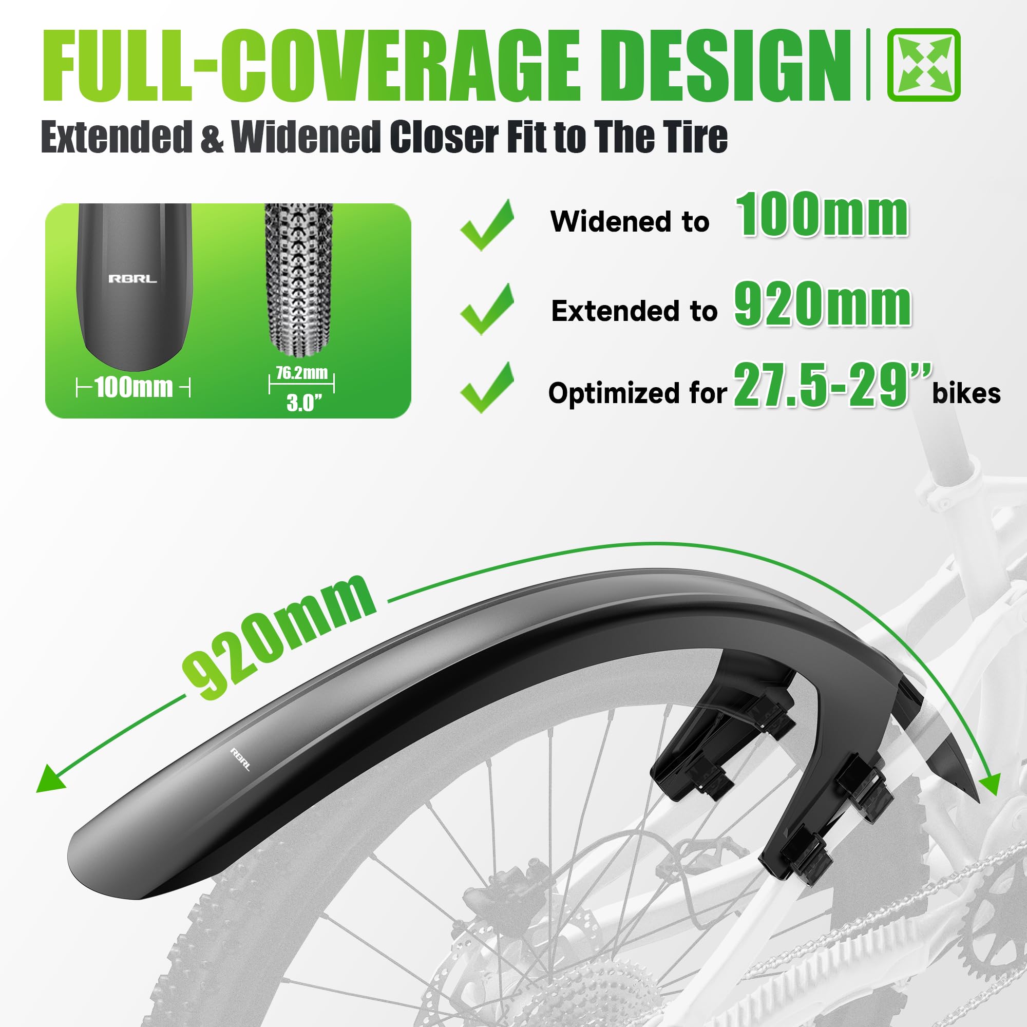RBRL Parafango per bicicletta, per mountain bike, compatibile con pneumatici da 27,5/29 pollici fino a 3,0 pollici, robusto paraspruzzi contro fango, fango e acqua, facile fissaggio (posteriore)