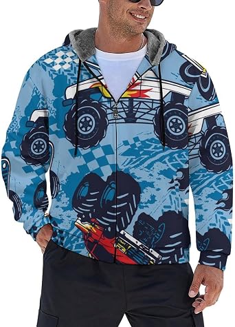 Tgmall Zip Up Hoodie, Monster Truck, Off-Road Lace, Pullover, Large Size, Thick, Fleece Lined, Sweatshirt, Casual, Hat, Pockets, Fashionable, Outerwear, Trainer, Loose, Winter