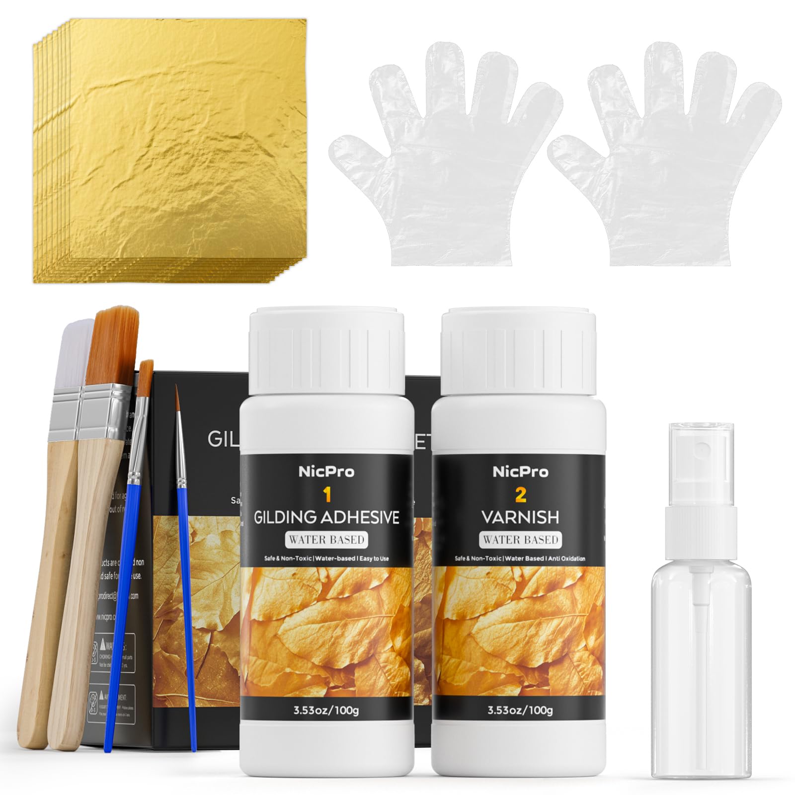 Nicpro Gold Leaf Gilding Adhesive Set, 100ml Water-Based Glue and Varnish