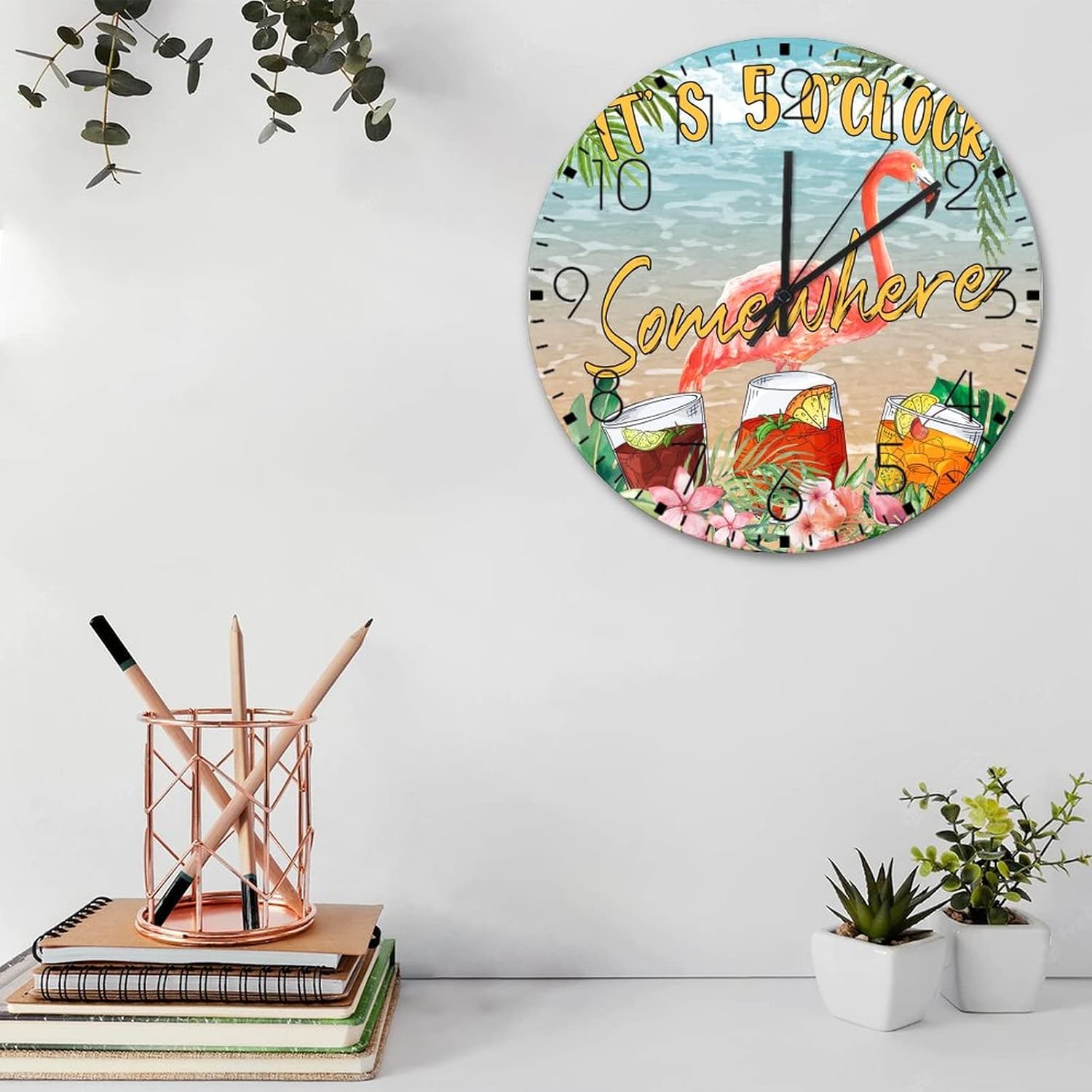 Minimalist Wood Clock Battery Operated Non Ticking Analog It's Five O'clock Somewhere Decorative Wall Clocks Beer Bar Club Glass Flamingo Home Decor for Study Room Classroom Dining Room 15 Inch