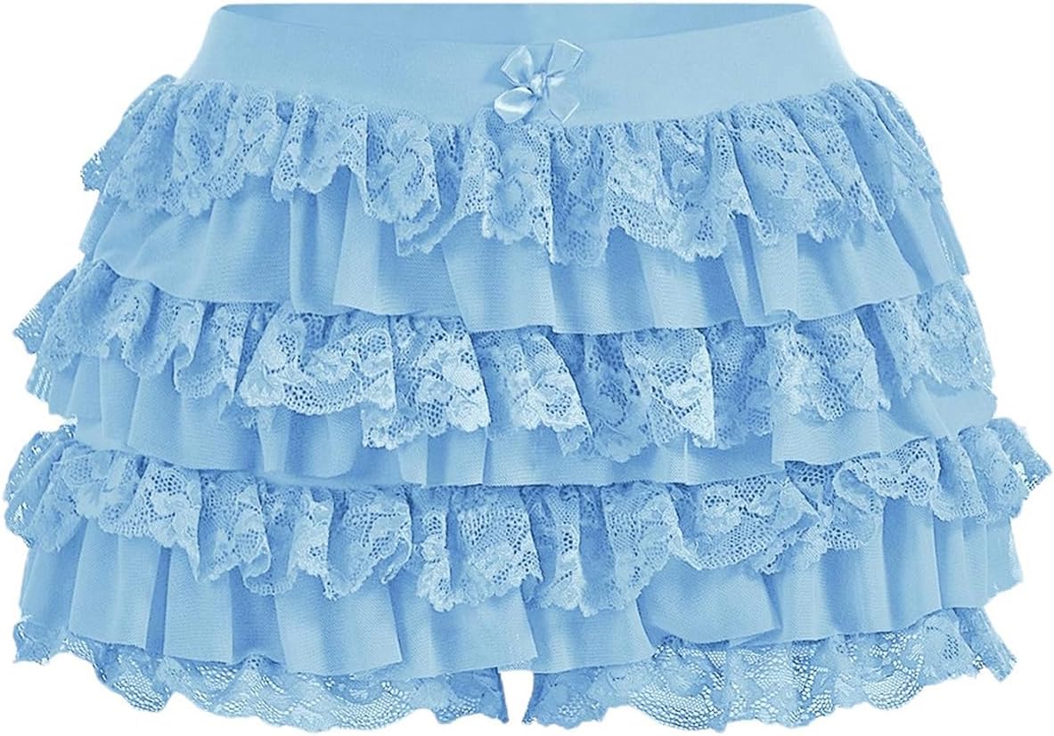 Women's Y2k Ruffle Shorts Lace Lolita Bloomers Elastic Waist Bow Front Shorts Micro Boyshorts Solid Blue X-Small