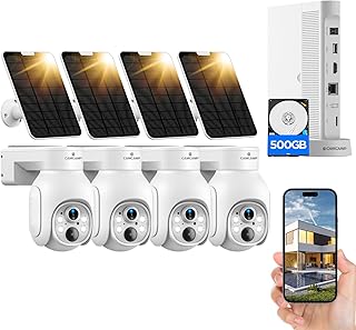 Wireless Security Camera System Solar Powered, 2K Security Cameras Wireless Outdoor, PTZ, Color Night Vision, PIR Motion Detection & Alert, 2-Way Talk, 10CH Expandable NVR, 500GB Free Local Storage