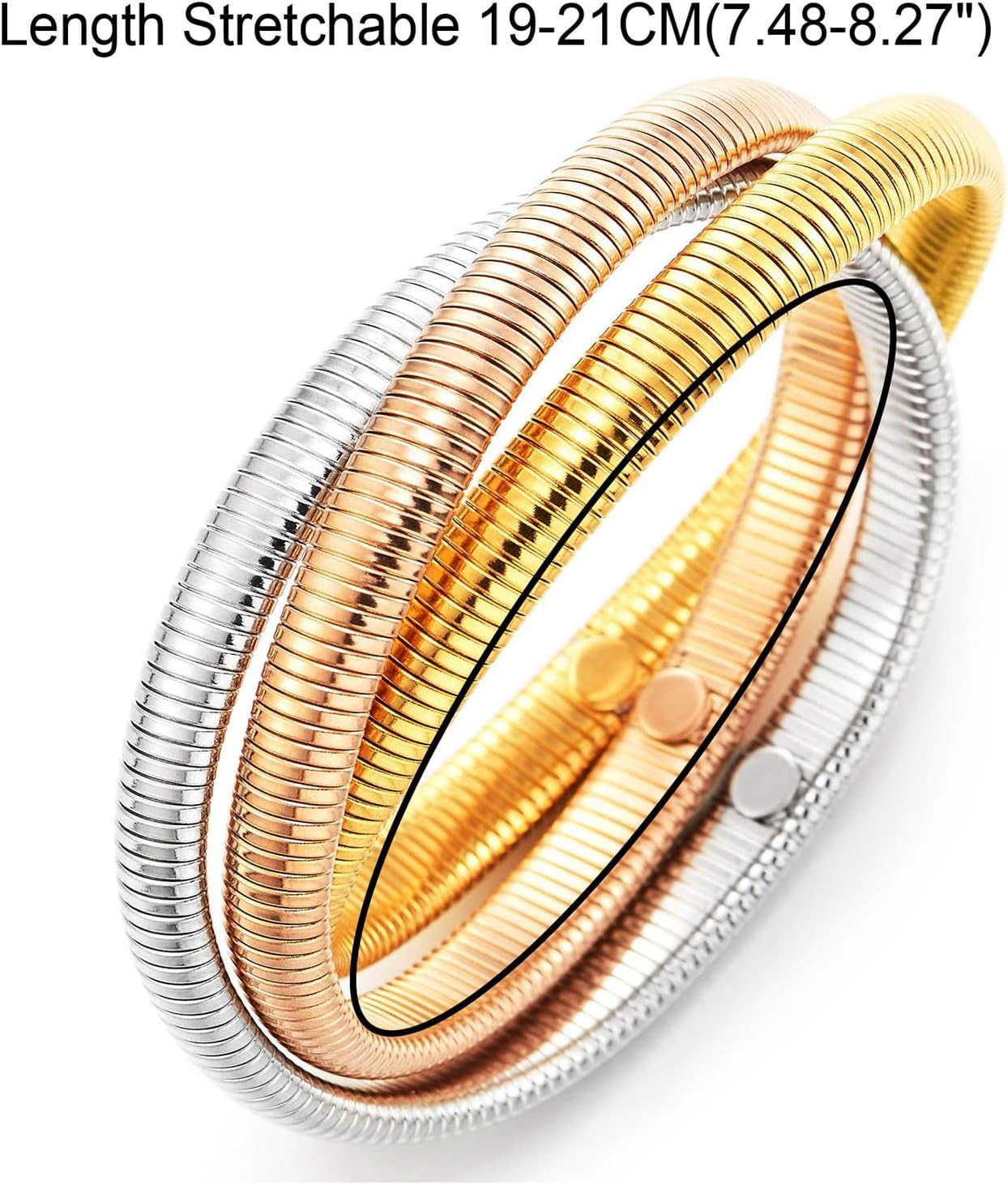 COOLSTEELANDBEYOND Tri-Color Coil Bangle Bracelet for Women Silver Gold Rose Gold Flexible Snake Wrap Cuff Retro Jewelry - Image 3
