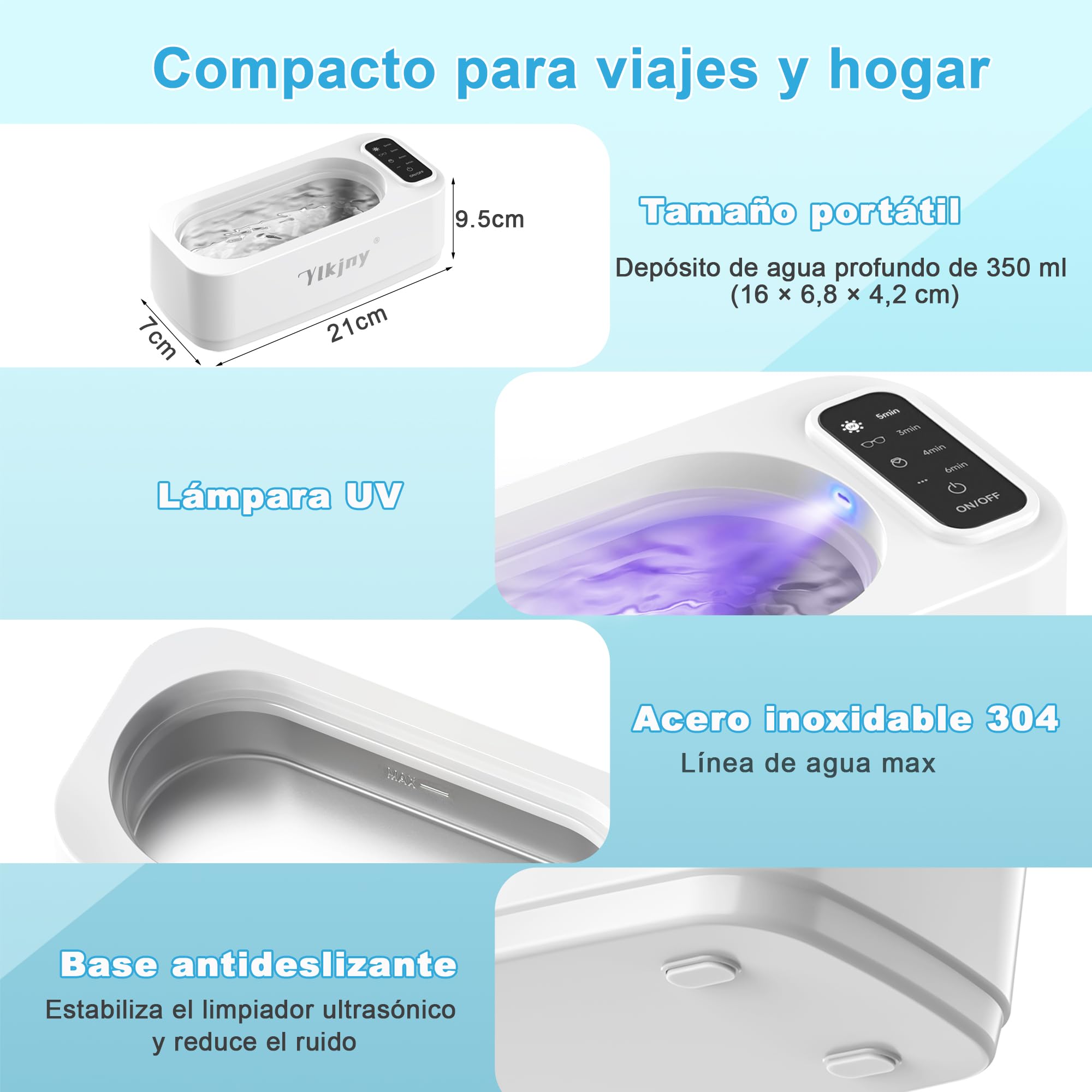 Limpiador ultrasonidos casero 55KHZ con 350 mL, limpiador gafas para joyas | Ultrasonic cleaner y tanque 304,limpia gafas y 4 modos,limpia sin rayar brochas,relojes,dentaduras,compacto para viajes