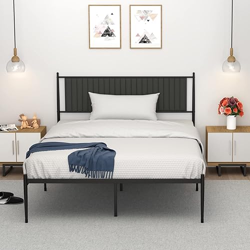 Fancihabor Base de cama tamaño Queen con cabecera tapizada plataforma de soporte de listones de metal con almacenamiento no necesita somier Queen