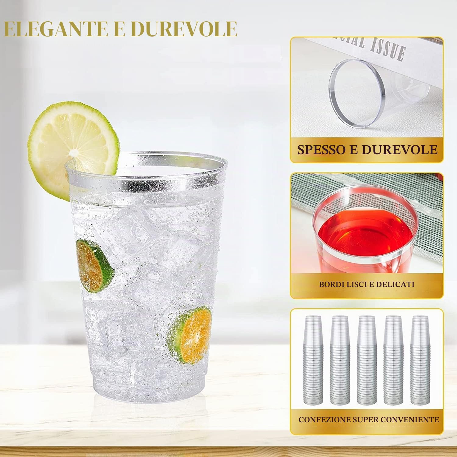 LATERN 50 Pezzi Bicchieri di Plastica Eleganti Bordati in Argento, 360ml. Tazze Riutilizzabili per Feste per Vino, Champagne, Bevande, Birra Cocktail Martini Soda