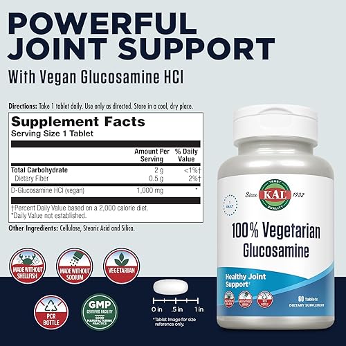 Miniatura 3 de KAL Glucosamina 100% vegetariana 1000 mg, suplemento de salud articular con HCl de glucosamina vegana, apoyo articular para comodidad y movilidad,