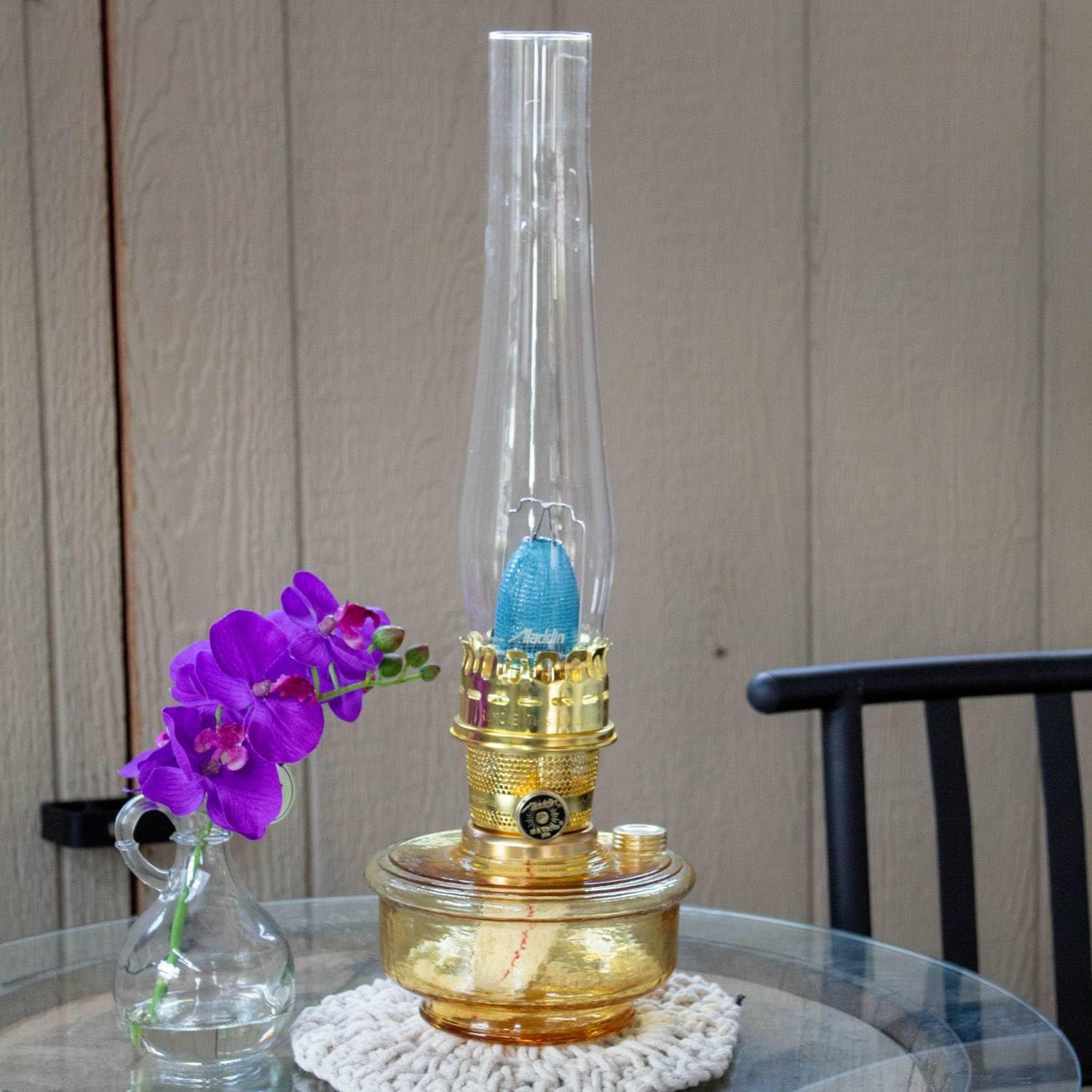 Aladdin Genie III Oil Lamp, Indoor Emergency Lighting for Shelf, Table or Hanging, Amber Glass Bowl with Brass Burner