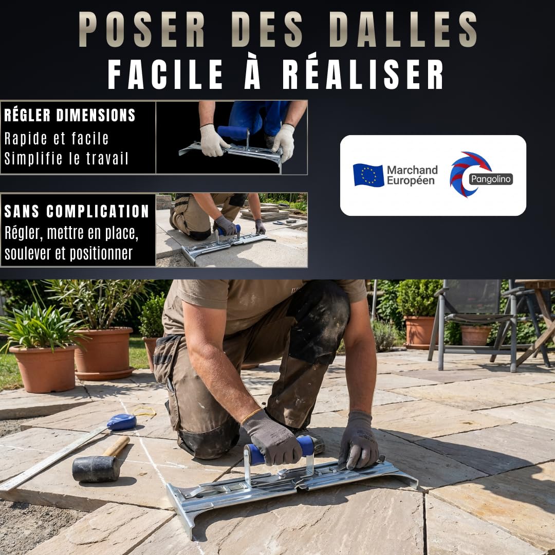 Pangolino - Lève dalle/plaques de terrasse réglables 300-500 mm porte dalles avec poignée ergonomique - Charge maximale : 30 kg - Support de plaque réglable sur 6 niveaux