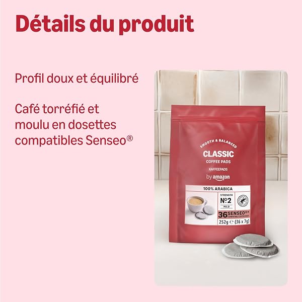 Visiter la boutique by Amazon by Amazon Dosettes de Café Classiques 100% Arabica, Compatibles Machine Senseo, 36 Unités (1 Paquet de 36) – Certifiées Rainforest Alliance in use