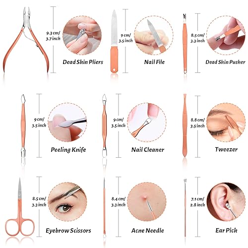 Miniatura 10 de Juego de manicura profesional para cortaúñas y pedicura, 12 piezas de acero inoxidable para el cuidado de uñas, kit de aseo con lujosa funda de