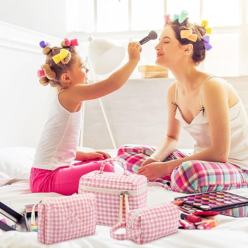 Miniatura 7 de Paterr Juego de 3 bolsas de maquillaje acolchadas de algodón, bolsa de cosméticos de coqueta, bolsa de viaje para artículos de tocador, bonita bolsa