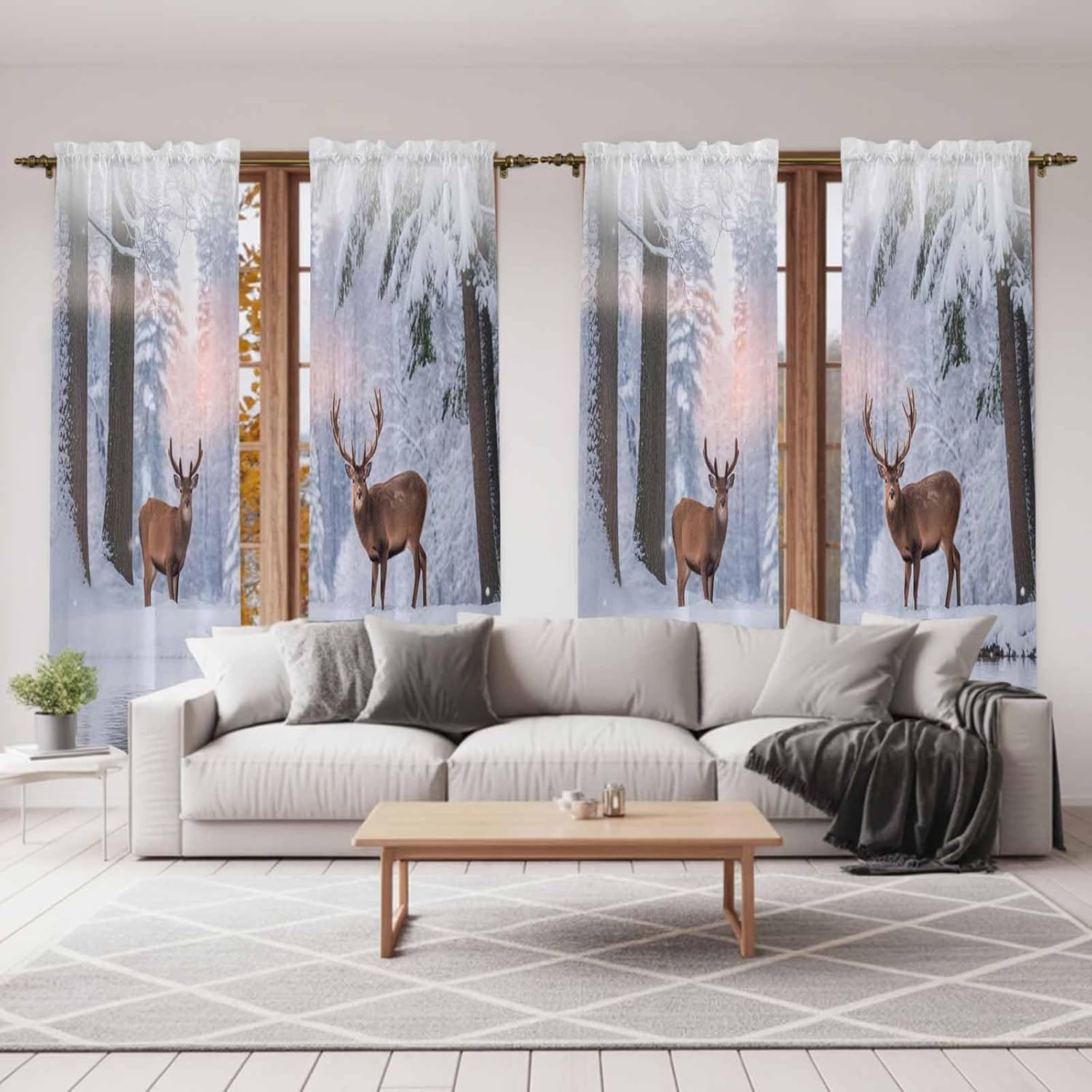 Christmas Window Curtains 72 Inch Long 2 Panel Set,Rod Pocket Long Curtains & Drapes,Winter Elk Snowy Forest Sunset Natural Scenery Light Filtering Window Treatment for Bedroom Living Room 52"W x 72"L
