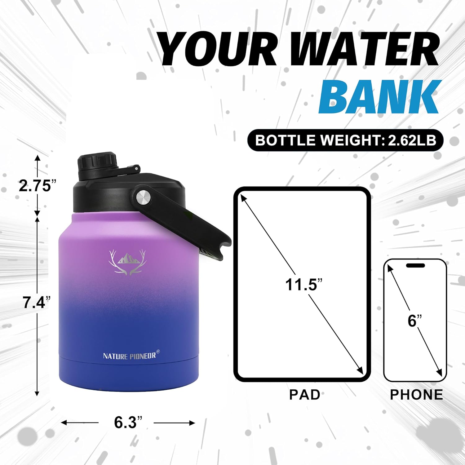 NATURE PIONEOR 84 oz Insulated Water Bottle - Double Vacuum Stainless Steel Water Jug with Holder/Carrier, Wide Mouth, Outdoor Sports, Hiking, Camping, Gym - Image 2