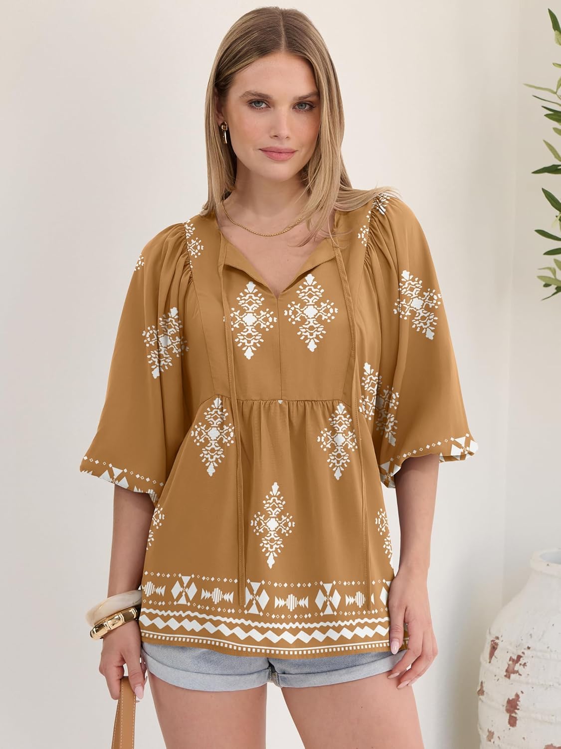 Caracilia Womens 3/4 Sleeve Blouse V Neck Boho Dress Tops Flowy Casual Dressy Shirts Beach Vacation Clothes Spring Outfits - Image 2