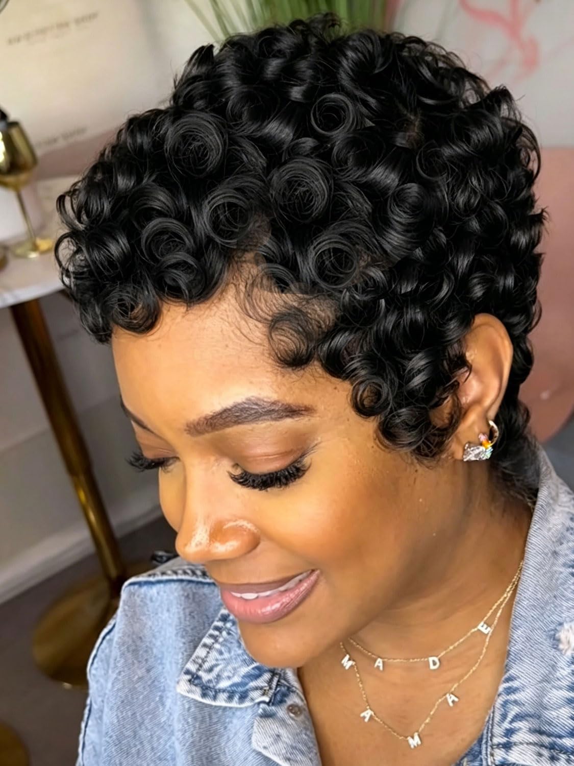 MOONSHOW Short Pixie Cut Wigs for Black Women Natural Black Short Pixie Wigs for Black Women Synthetic Curly Pixie Cut Wig Finger Wave Afro Curly Haircut Glueless Wigs Ready To Go