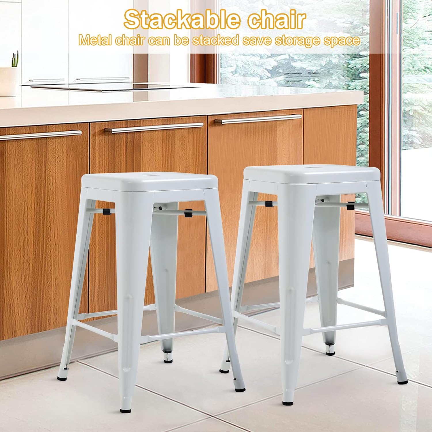 Metal Bar Stools Set of 4, 24 Inch Counter Height Backless Stackable Stools, Industrial Style Indoor Outdoor Patio Kitchen Dining Chair, 330LBS Load Capacity White
