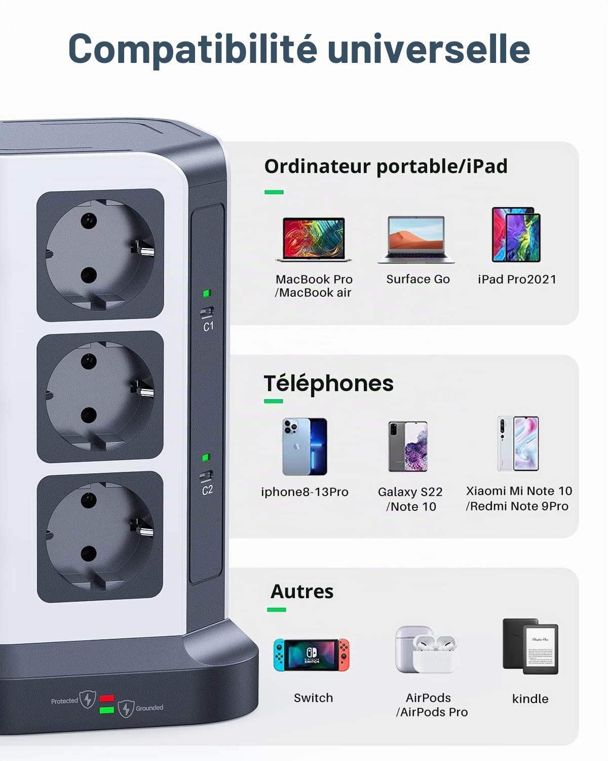 KOOSLA Bloc Multiprise 65W PD, 12 Prises, 2M, Gris Foncé