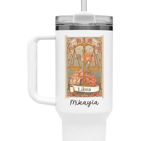 Custom Zodiac Tumbler 40oz with Handle, Libra Gift, Stainless Steel Astrology Travel Mug, Scorpio Coffee Tumbler Cup, Birthday Gift for Leo Aries Virgo (Libra)
