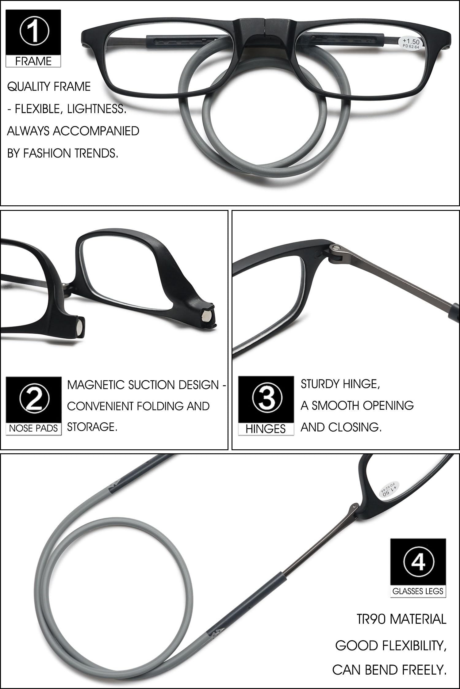 VEVESMUNDO Magnetische Lesebrille um den Hals Klemmen | Leicht, TR90 Flexibel Biegbar Brillenbügel, Magnetverschluss Lesehilfe, Brille mit magnet, für Damen Herren