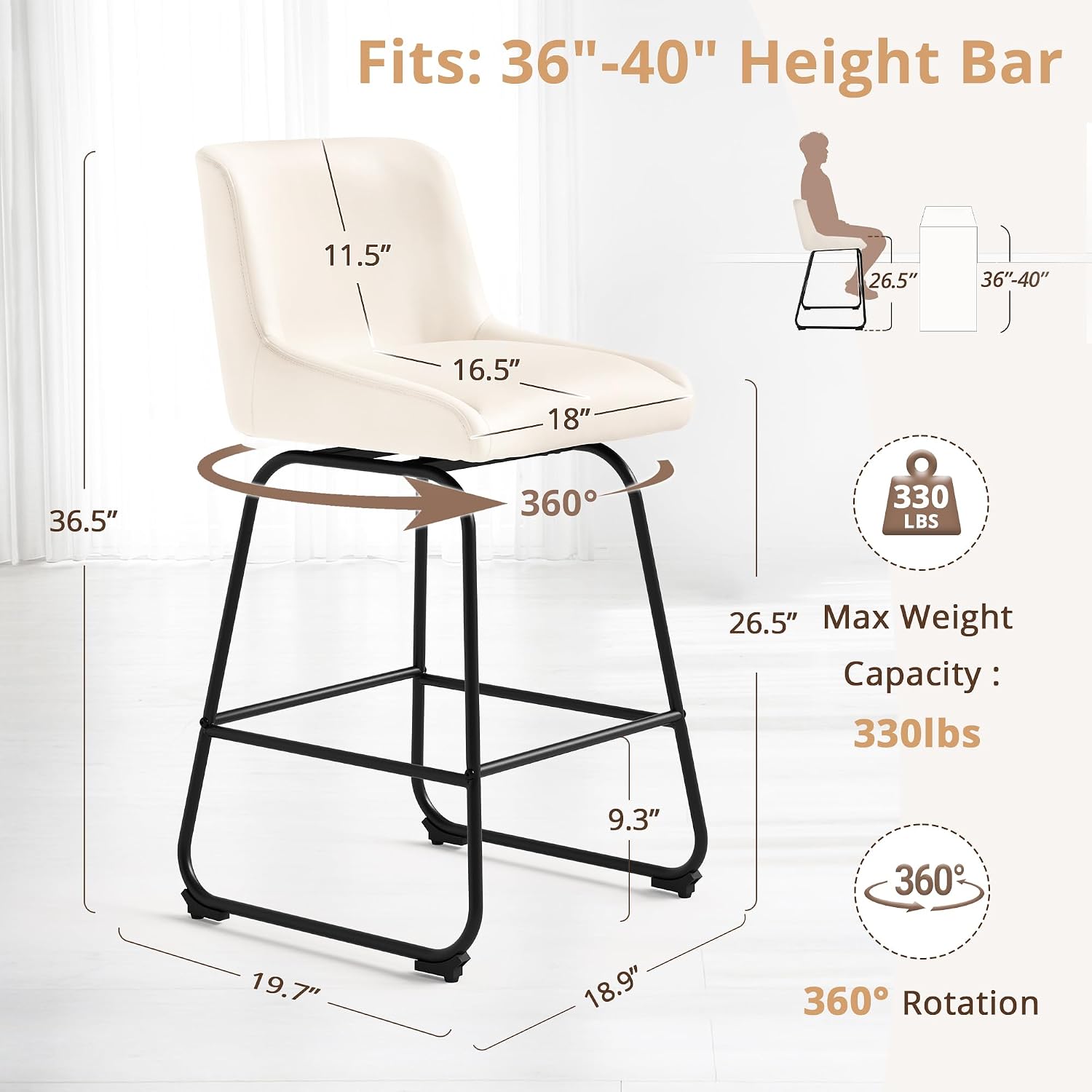 Swivel Bar Stools Set of 6, 26 Inch Upholstered Barstools with Backs, Modern Faux Leather Counter Height Bar Stool Chairs with Metal Legs and Footrest for Kitchen Island, Ivory Counter Stools