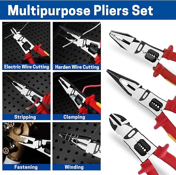 3 PCS Multifunctional Insulated Pliers Set with Tool Pouch