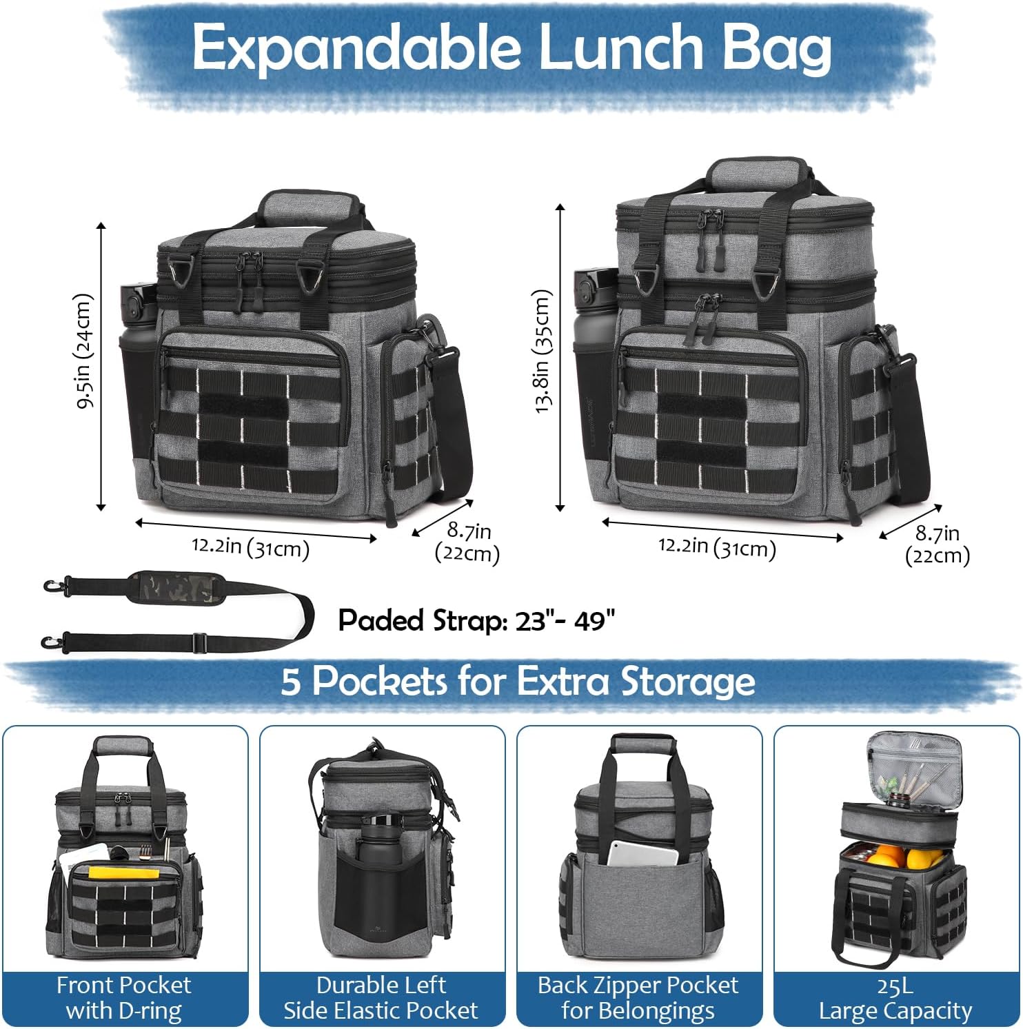Tactical Lunch Box for Men - Insulated Lunch Bag Cooler Bag, Expandable Soft Large Mens Lunchbox for Work, Camping, Beach, Picnic & Outdoor Shifts, 25L, Black+Gray - Image 2