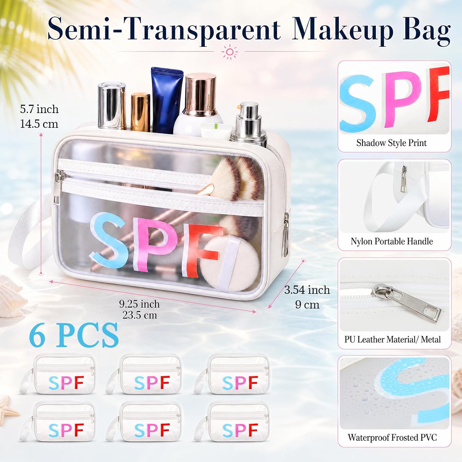 6 Pcs Clear Toiletry Bag Bulk 5.7 x 9.25 Sunscreen Bag Beach Vacation Essentials for Women Waterproof Spf Makeup Pouch Travel Cosmetic Pouch Gift for Women Girls Summer Beach Pool