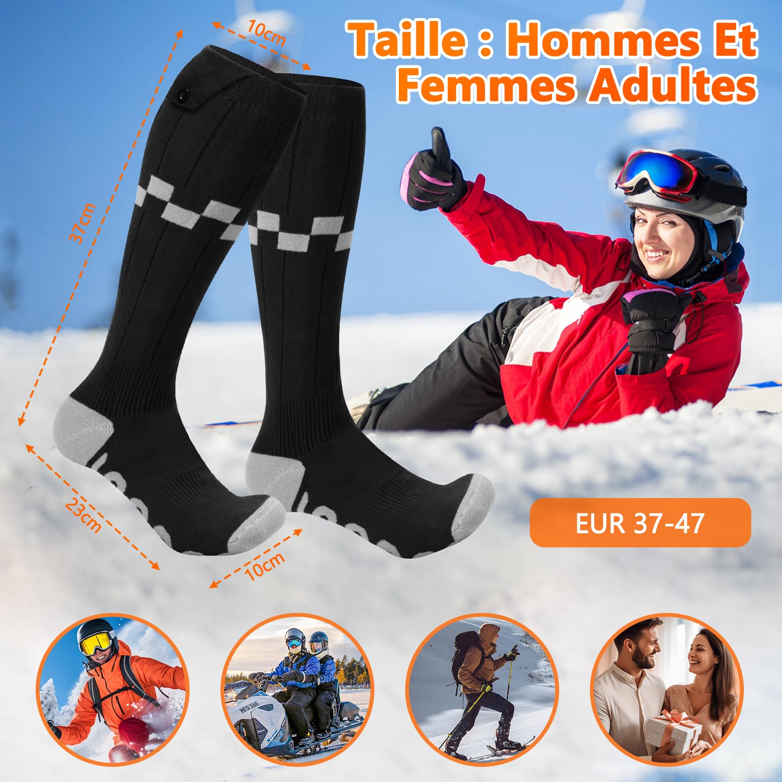 Chaussettes Chauffantes Améliorées, iKuchelife 7500mAh Rechargeables, Pieds Chauds à 360°, 4 Niveaux de Température, 14H Autonomie de la Batterie, Maison et Extérieur, Hommes et Femmes 37-47