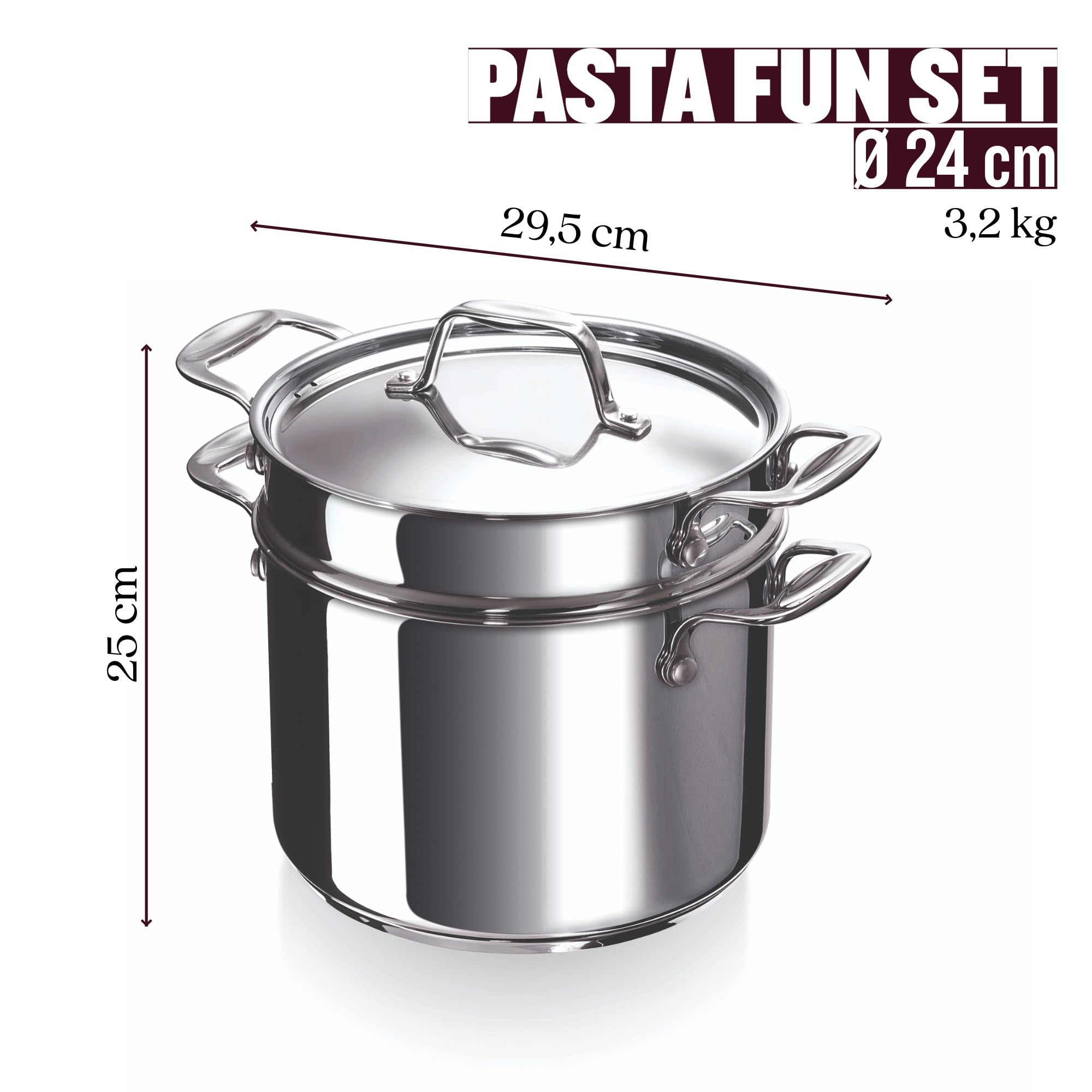Beka Chef Marmite à Pâtes Inox 18/10 - 24 cm - 7,6 Litres - Panier Passoire Inclus - Tous Feux Compatible Induction, Argenté