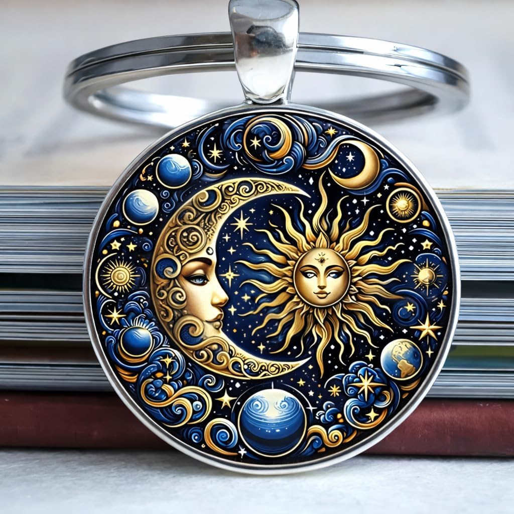 Celestial Sun and Moon Keychain, Art Nouveau Style Metal Key Ring with Mythological Design, 1.18 x 1.09 Inch Round Pendant