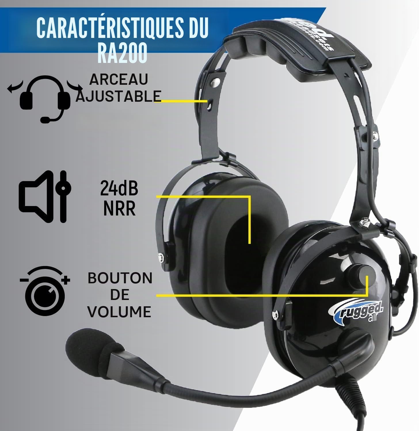 WINCASE Rugged Air RA200 Black General Aviation Pilot Headset by Rugged Air