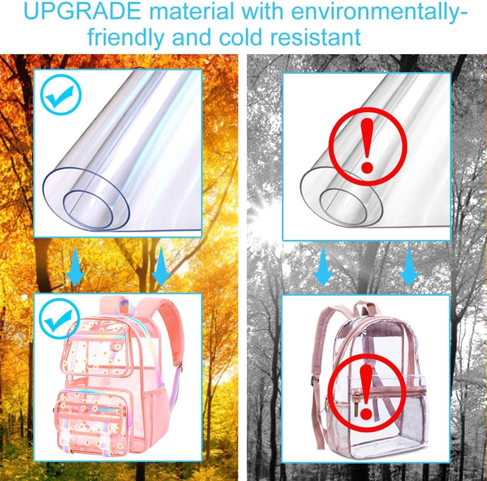 KLFVB Clear Backpack Heavy Duty, 3PCS Girls See Through School Bag Set, Cute Transparent Bookbag for Women - Chrysanthemum Pink