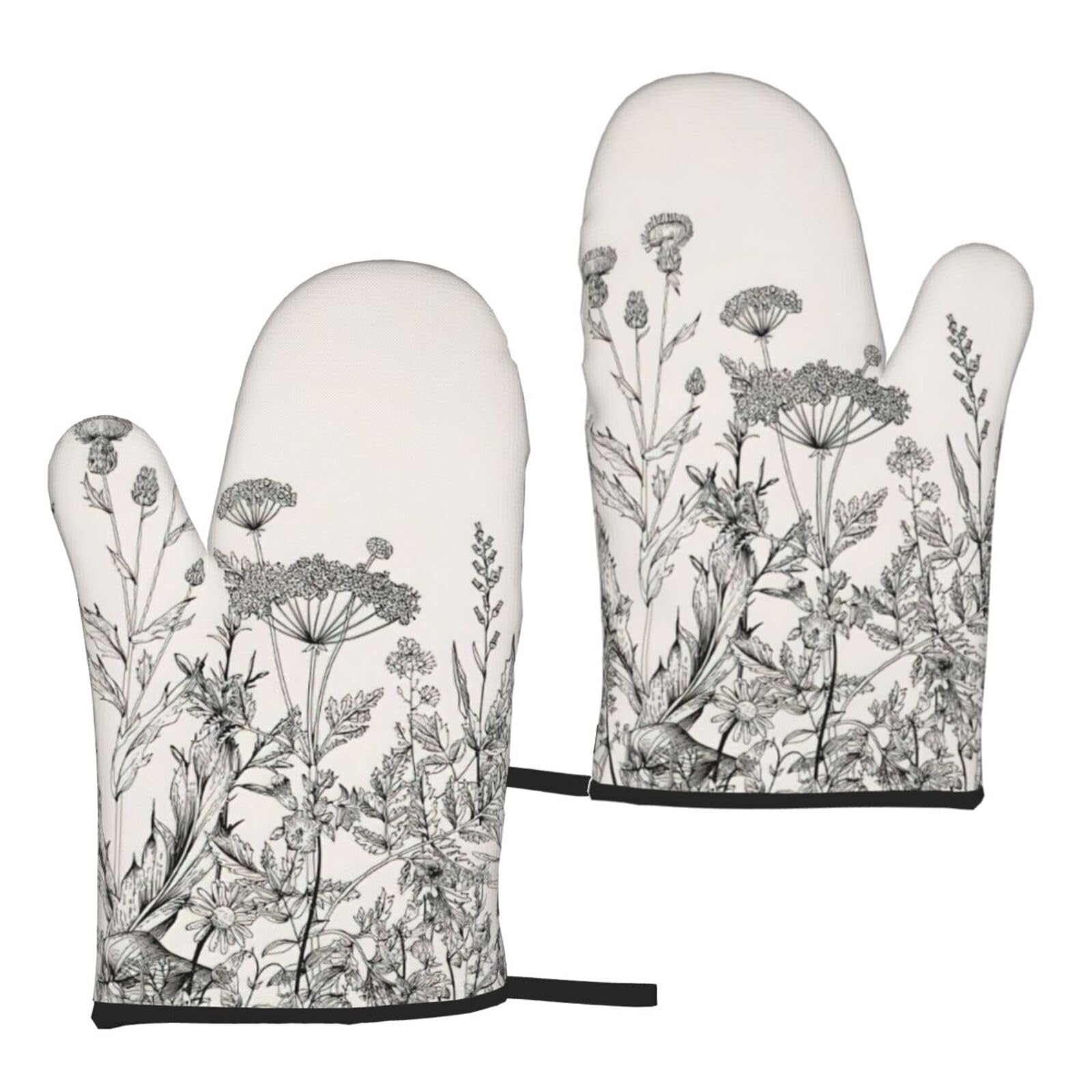 Nimongt Women's Black Floral Herbs Botanical Engraving Print Adults Universal Fit Heat Resistant Oven Gloves Reusable Cooking Outdoor Grilling