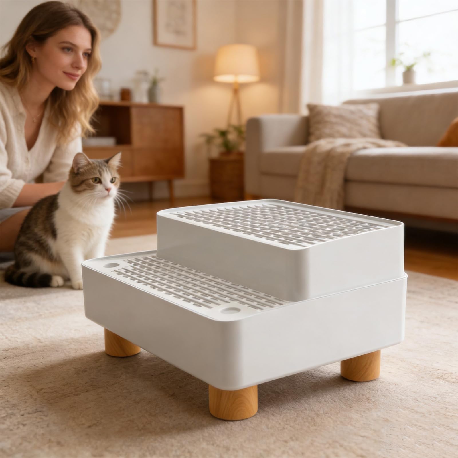 Rampe pour Litière pour Chat Double Couche: Rampe pour Bac à Litière avec Fonction Filtre, Marchepied pour Chat Antidérapant, Adaptée aux Chatons, Chats Âgés et Bac Automatique
