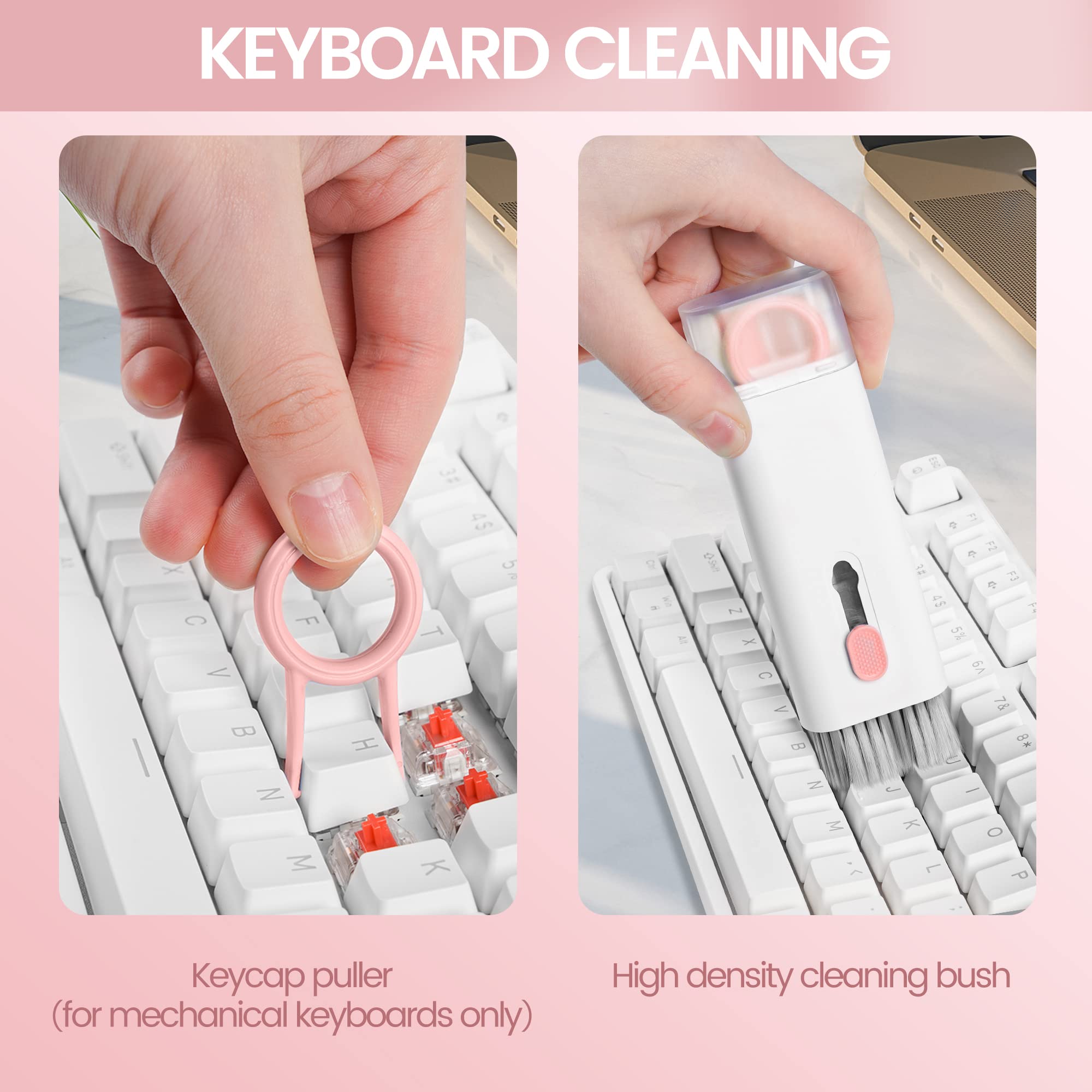 7 in 1 Elektronisches Reinigungsset für Monitor, Tastatur, Airpods, MacBook, iPhone, iPad, iPod, Display-Staubbürste inkl. Soft Sweep, Airpod-Reiniger-Kit, Tastenabzieher und Sprühflasche (Rosa)