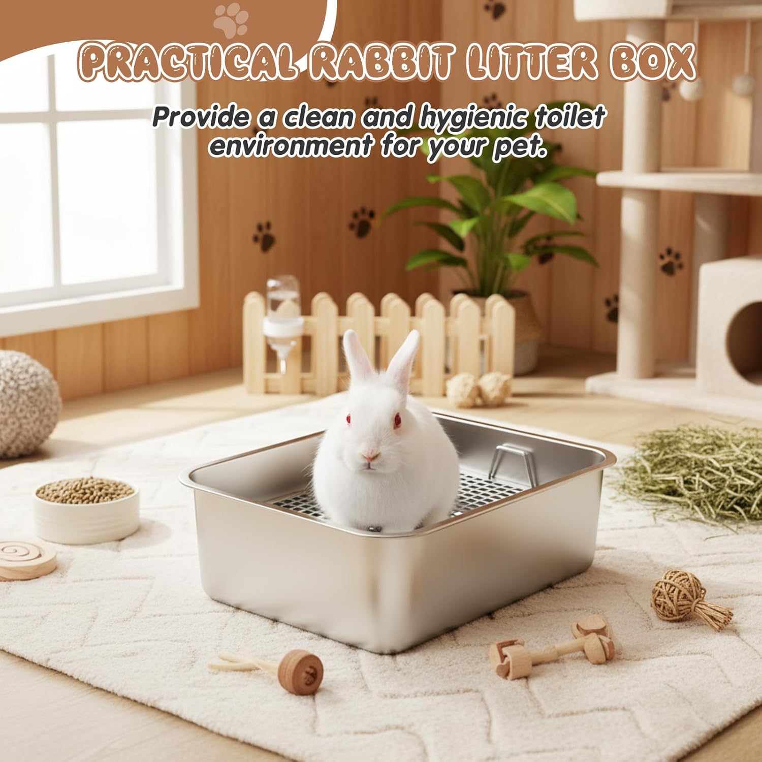 Maxcheck 2 Pcs Large Rabbit Litter Box, Stainless Steel Rabbit Litter Pan with 2 Raised Grid, High Back Wall Bunny Toilet Tray Potty Training Pan for Ferret Bunny Guinea Pig(L 19.5"L x 13.6"W x 6"H)