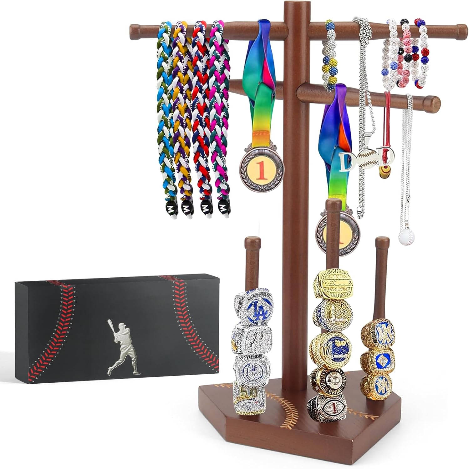 Wooden Baseball Drip Necklace Holder & Ring Display | Championship Ring Accessories Display Stand Necklace Organizer, Show Your Baseball Lifestyle for Players & Fans Gift Brown