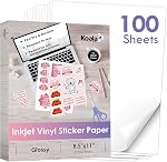 Koala Printable Sticker en vinyle pour imprimantes jet d'encre - 100 Feuilles Papier adhésif à l'épreuve de l'eau blanc brillant - 8.5x11 pouce, résistant à la déchirure, amovible