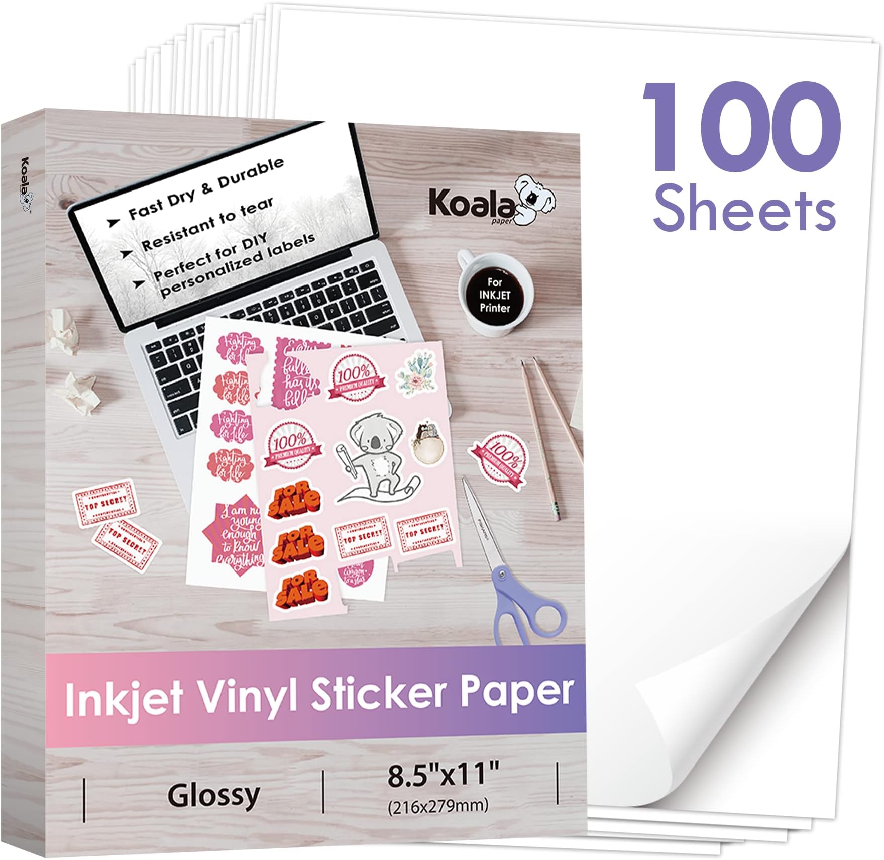 Koala Printable Vinyl Sticker Paper for Inkjet Printers - 100 Sheets Glossy White Waterproof Adhesive Label Paper - 8.5x11 Inch, Tear-Resistant, Removable