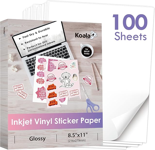 Koala Printable Sticker en vinyle pour imprimantes jet d'encre - 100 Feuilles Papier adhésif à l'épreuve de l'eau blanc brillant - 8.5x11 pouce, résistant à la déchirure, amovible
