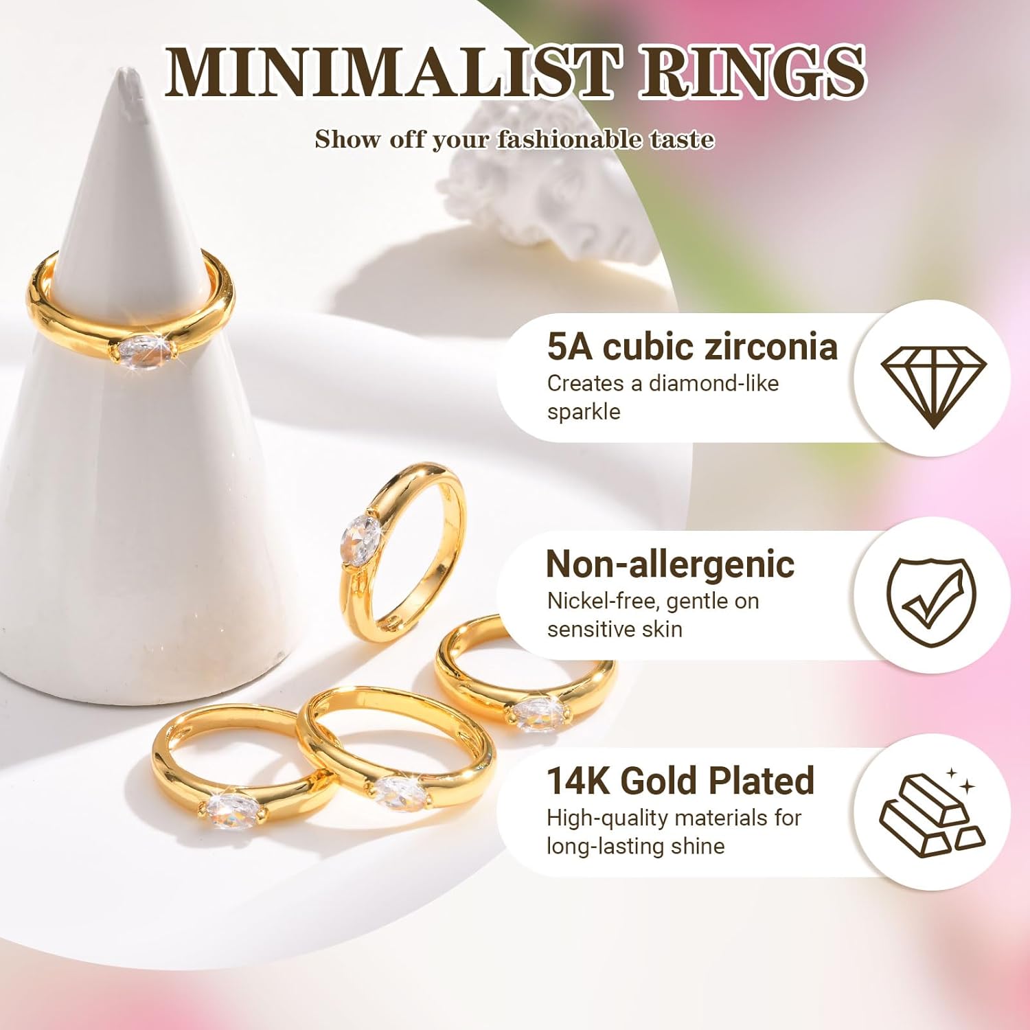 Chunky Gold Rings for Women - 14K Gold Plated Dome Womens Statement Rings Marquise Cubic Zirconia Wedding Band Stacking Thick Bands Dainty Jewelry Birthday Anniversary Present for Her - Image 4