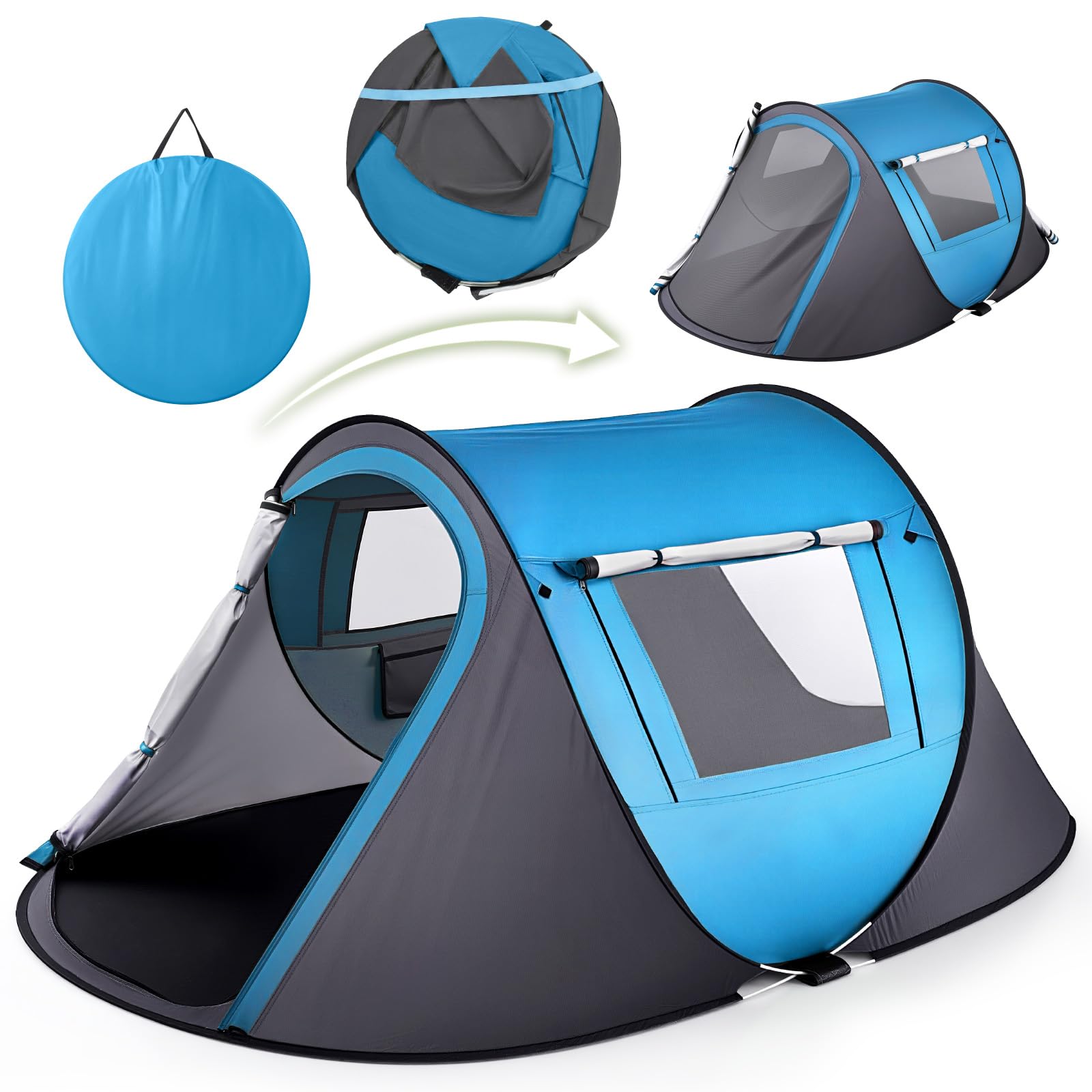 Warmiehomy Pop Up Tent for 3-4 Person, Instant Automatic Camping Tent with 3-Second Setup, Waterproof & Portable Outdoor Shelter Family Tent with Two Doors & Windows for Hiking, Picnic, Beach, Blue