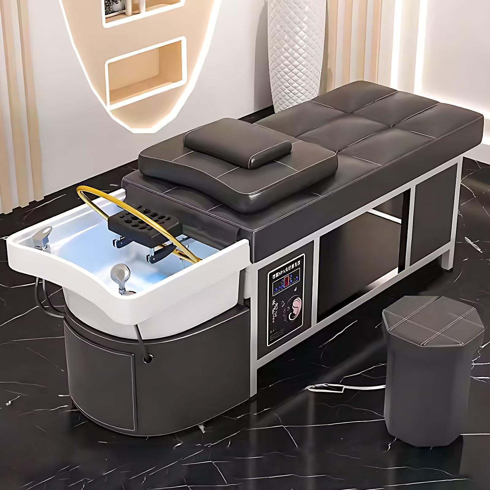 Stół do masażu do salonu fryzjerskiego, konstrukcja ze stali nierdzewnej, czysty czarny design, wielofunkcyjny sprzęt do spa na głowę i stół do pielęgnacji twarzy z zagłówkiem do masażu